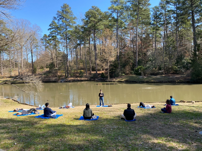During pandemic, DKU and Duke students find home away from home 3 Duke Kunshan students hold a meditation session in Duke Gardens
